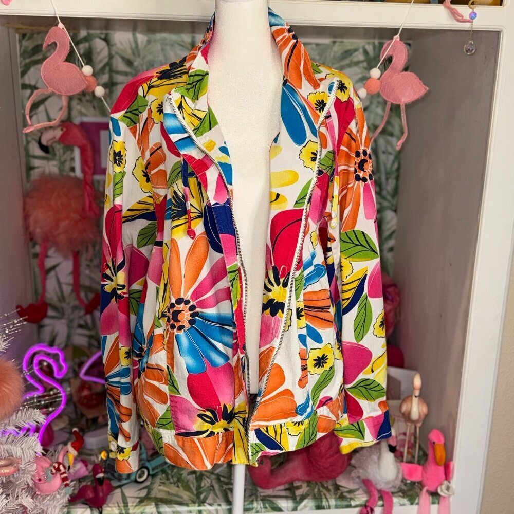 Coldwater Creek Colorful Floral Denim Zip Front Jacket W24